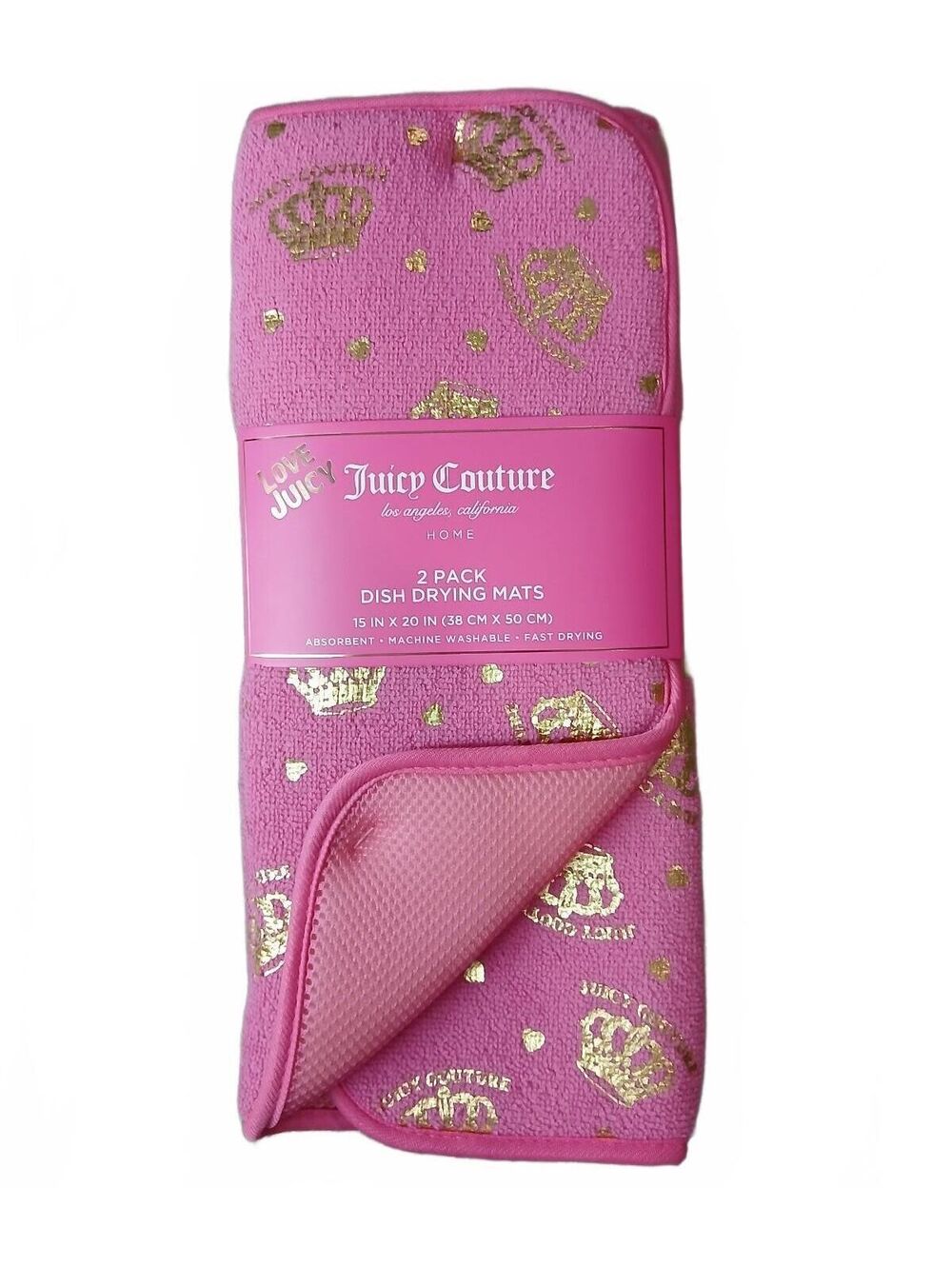 Juicy Couture Pink Gold Crown Hearts 2 Pack Dish Drying Mats 15x20 NWT